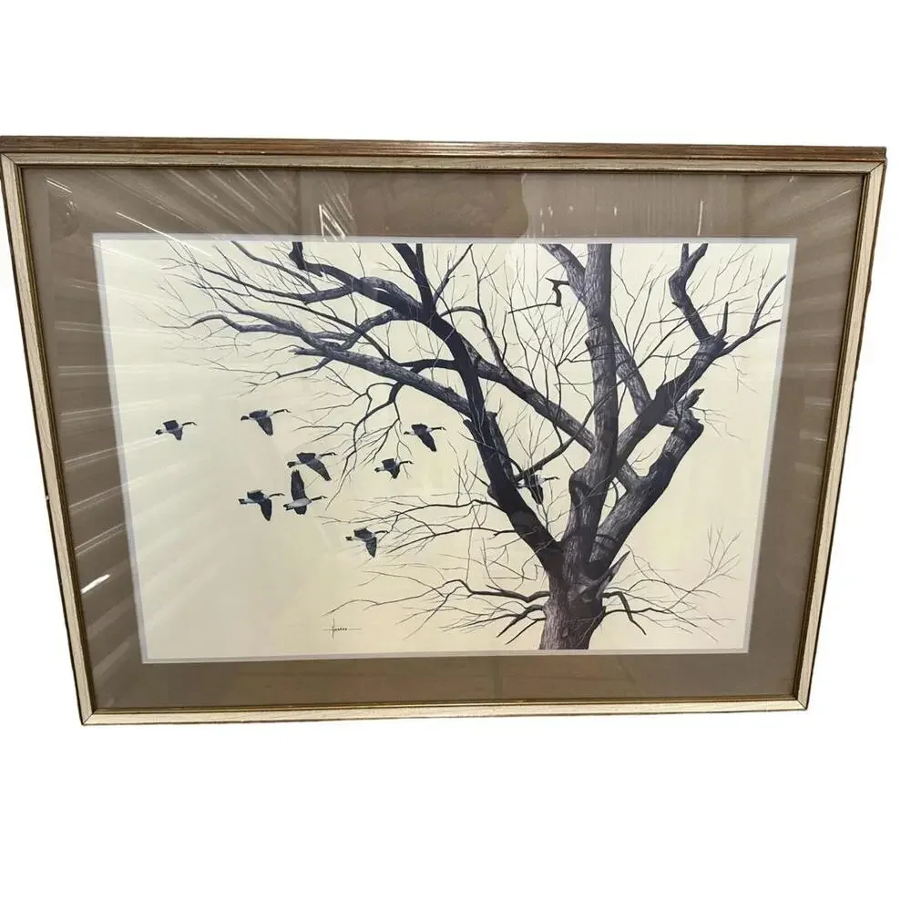 Vintage Hansen Goose Picture Signed Wall Art Framed Home Decor 37 x 27